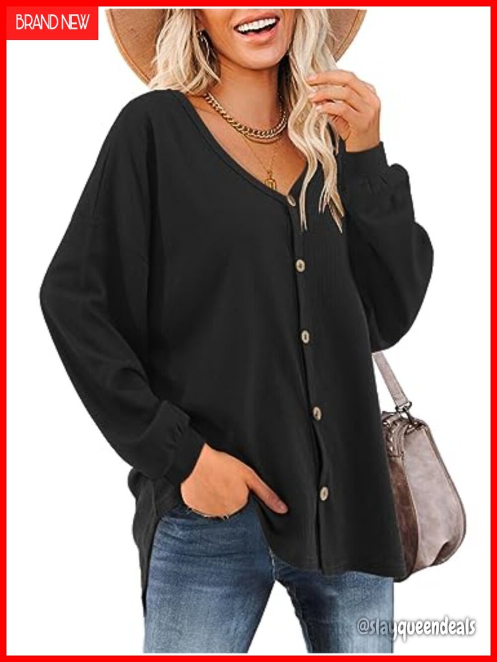 Waffle Knit Button Down Tunic Top Long Sleeve V Neck Blouse